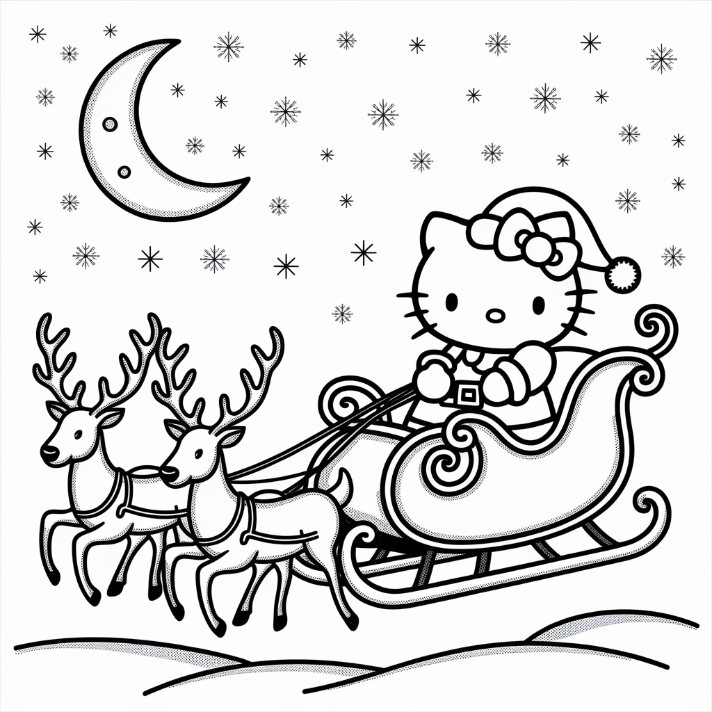 Hello Kitty Riding Santa’s Sleigh Christmas Coloring Page