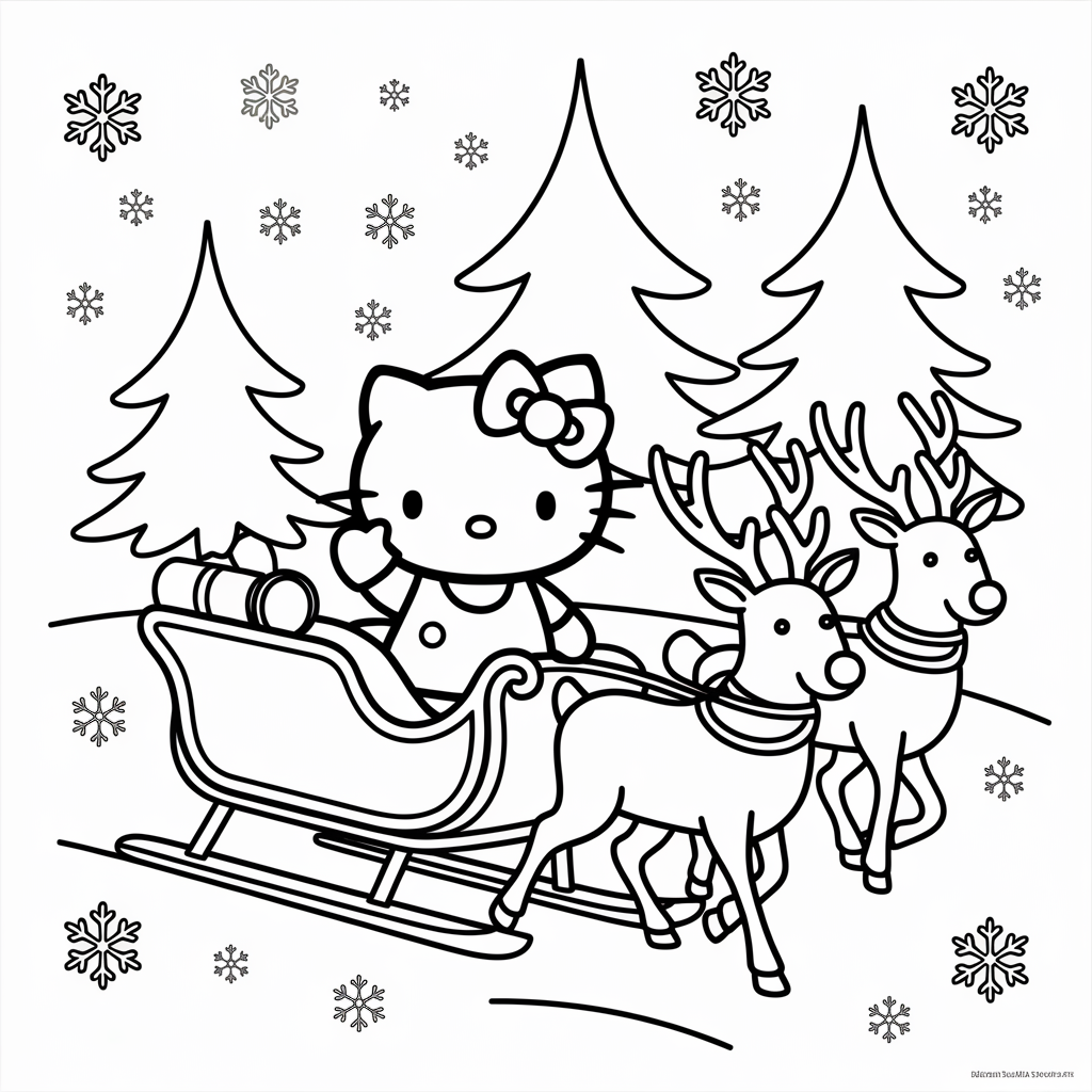 Hello Kitty Sleigh Ride Christmas Coloring Pages to Print