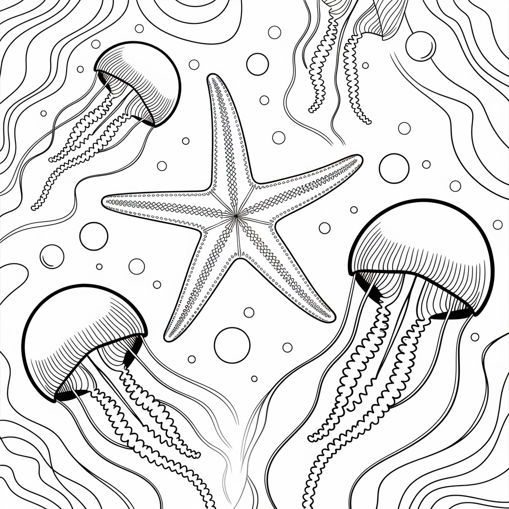 Starfish with Jellyfish Coloring Page