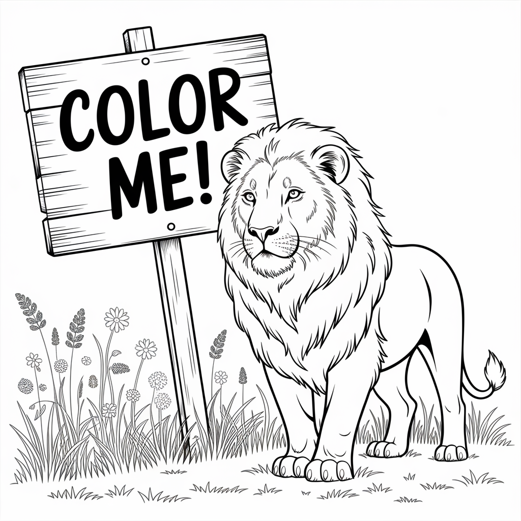 Lion with Wooden Signboard Coloring Sheet for Children