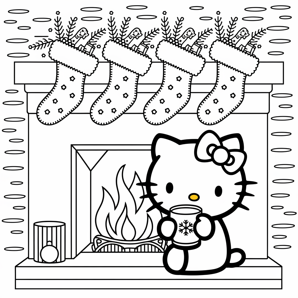 Cozy Fireplace Hello Kitty Christmas Coloring Page