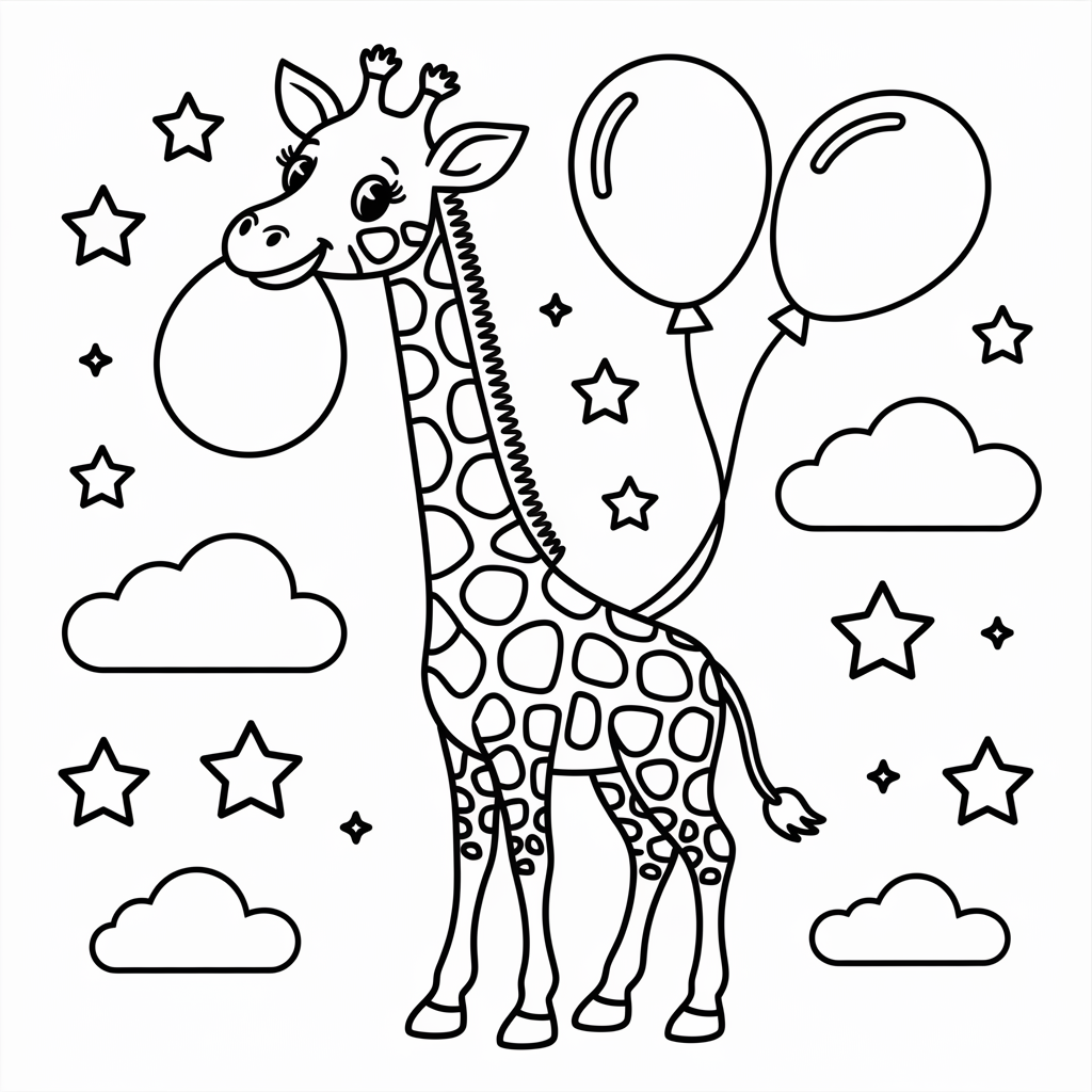 Funny Giraffe with Balloons Coloring Page 