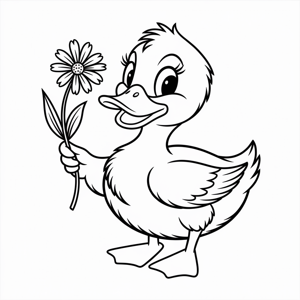 Cute Cartoon Duck Holding Flower Coloring Pages 