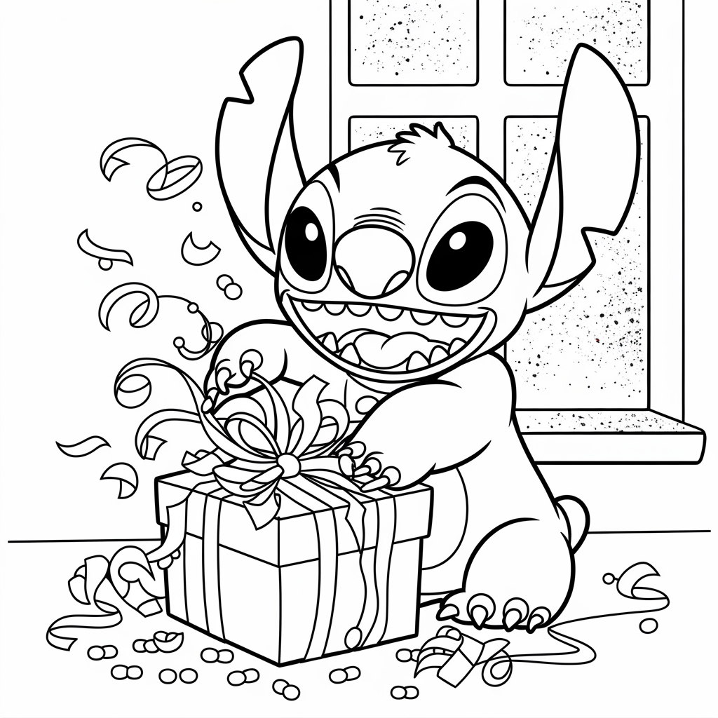 Funny Stitch Opening Gifts Christmas Coloring Page Free Printable