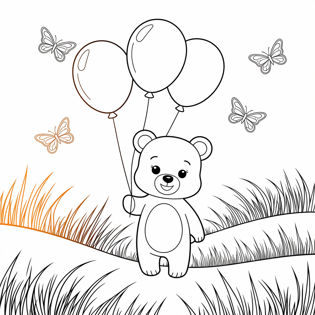 Cartoon Bear with Balloons Coloring Page