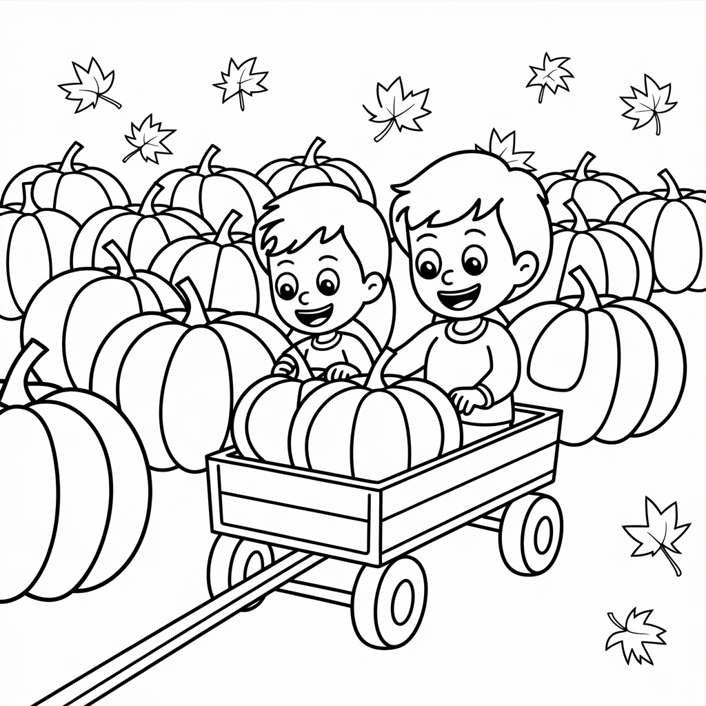 Kids Riding Wagon Through Pumpkin Patch Coloring Pages