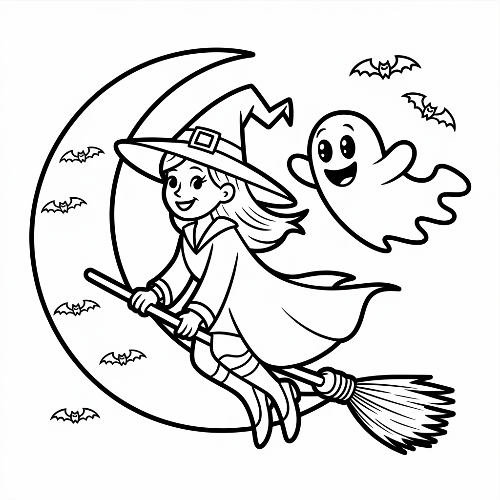 Halloween Witch Flying with Ghost and Bats Coloring Page