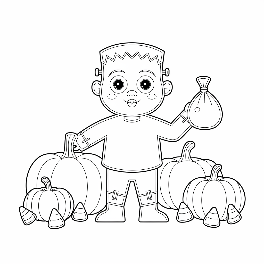 Cute Frankenstein Trick-or-Treat Halloween Coloring Sheets Free Printable