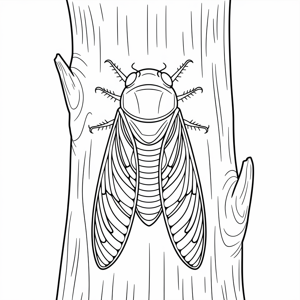 Cicada Coloring Pages on Tree Bark 