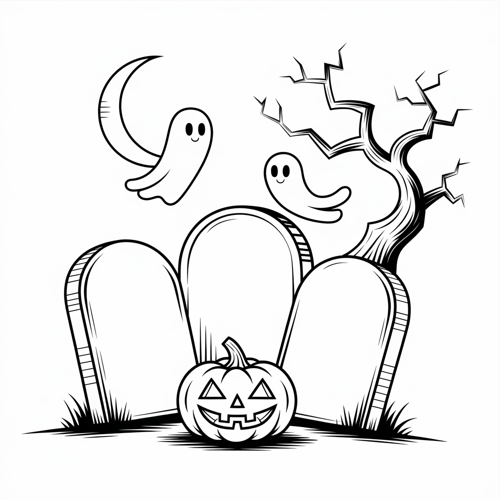 Spooky Graveyard halloween  Scene Coloring Page with Pumpkin and Ghost