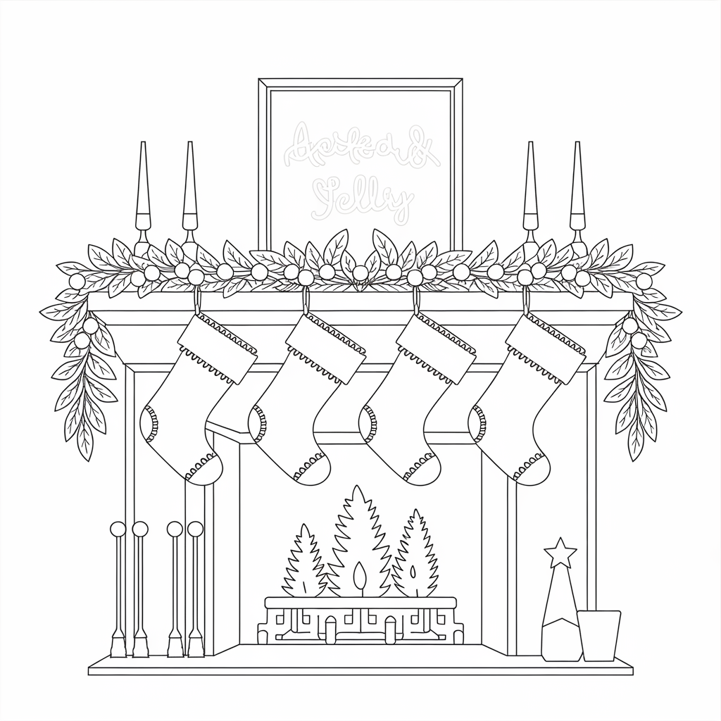 Cozy Fireplace with Christmas Bell Garland Coloring Pages