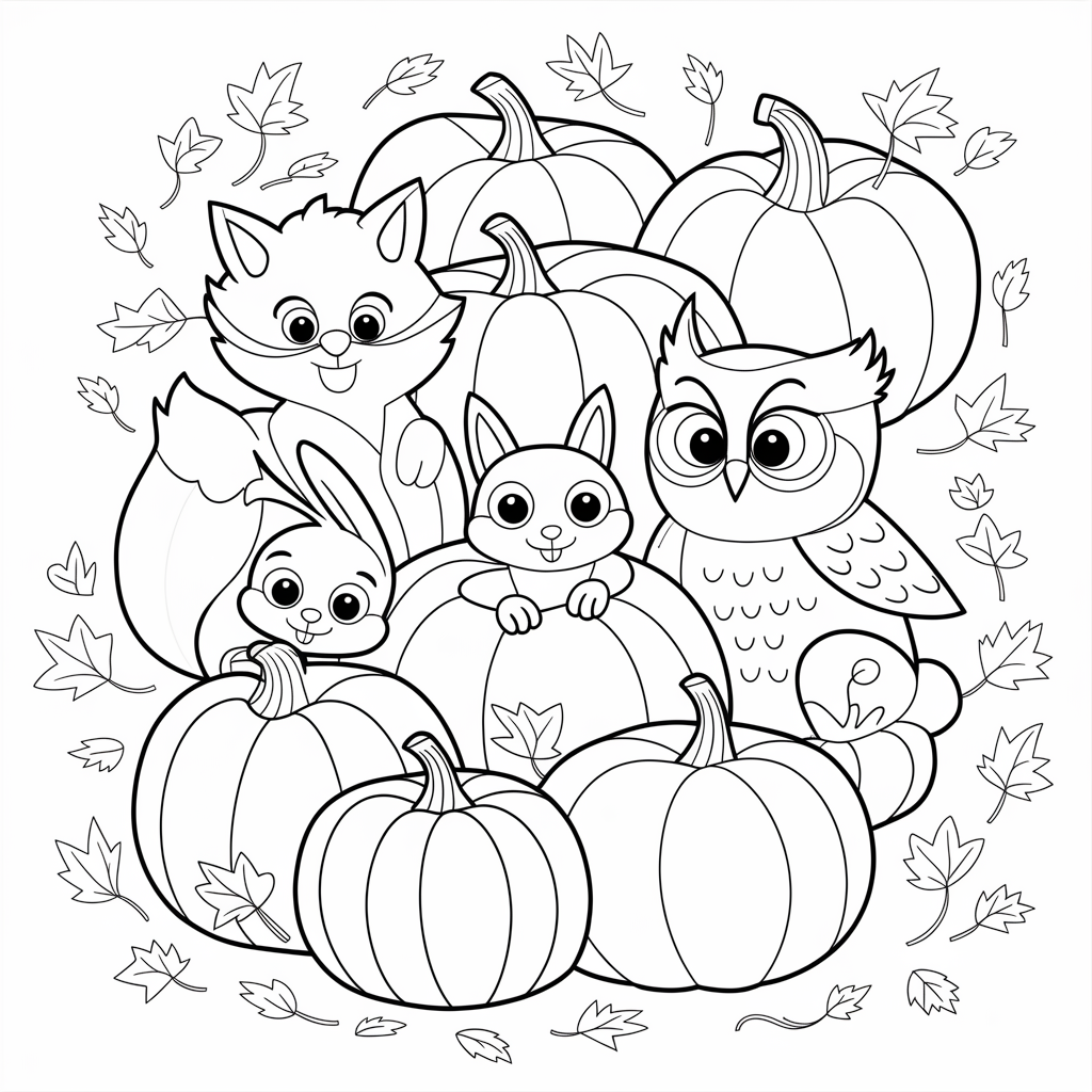 Woodland Animals in Pumpkin Patch Coloring Pages for Kids