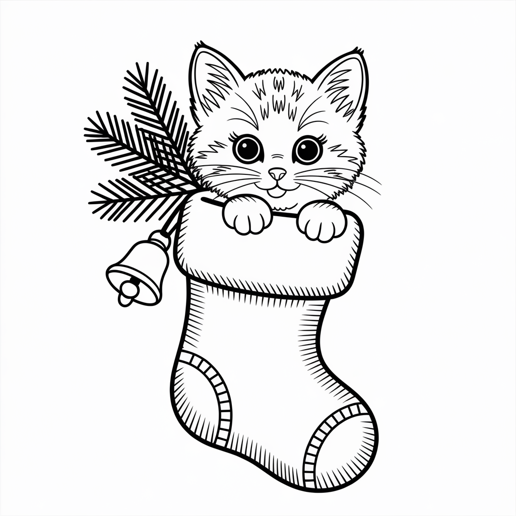 Cute Kitten in Stocking with Christmas Bell Coloring Pages
