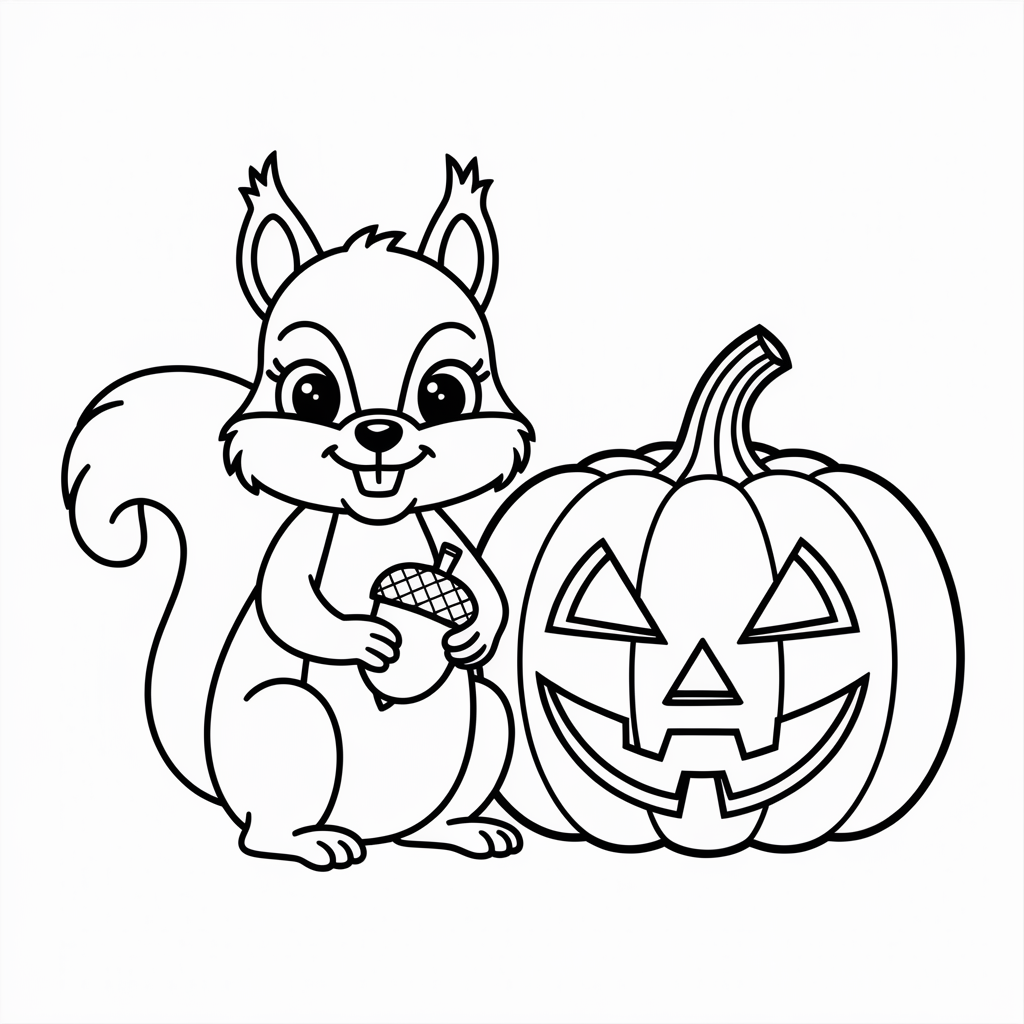 Cute Squirrel Next to Carved Pumpkin