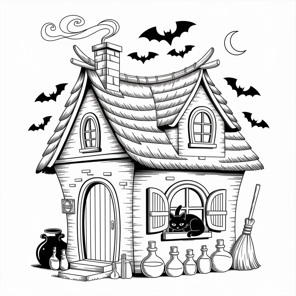 Cozy Witch Cottage Coloring Page