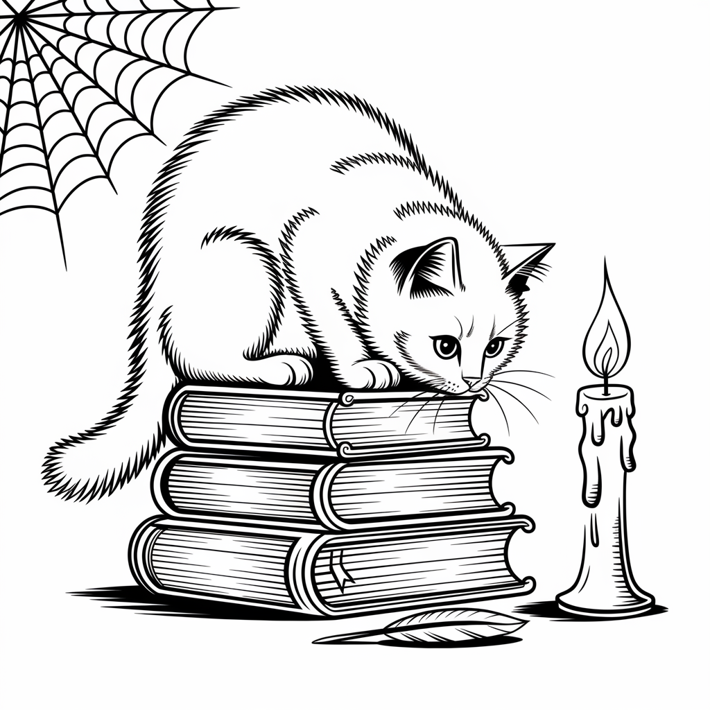 Curious Black Cat and Books Coloring Page