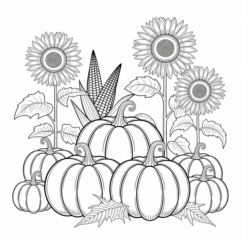 Pumpkin Patch with Sunflowers and Corn Stalks 