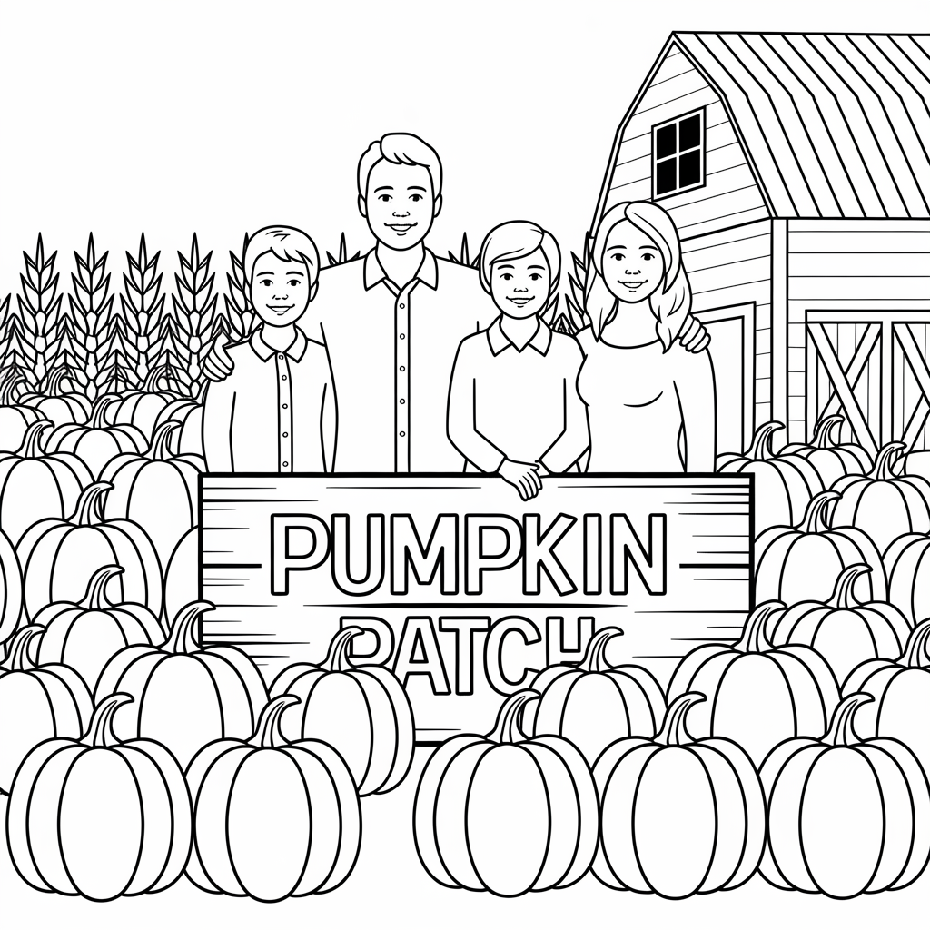Family Photo in the Pumpkin Patch Coloring Pages Free