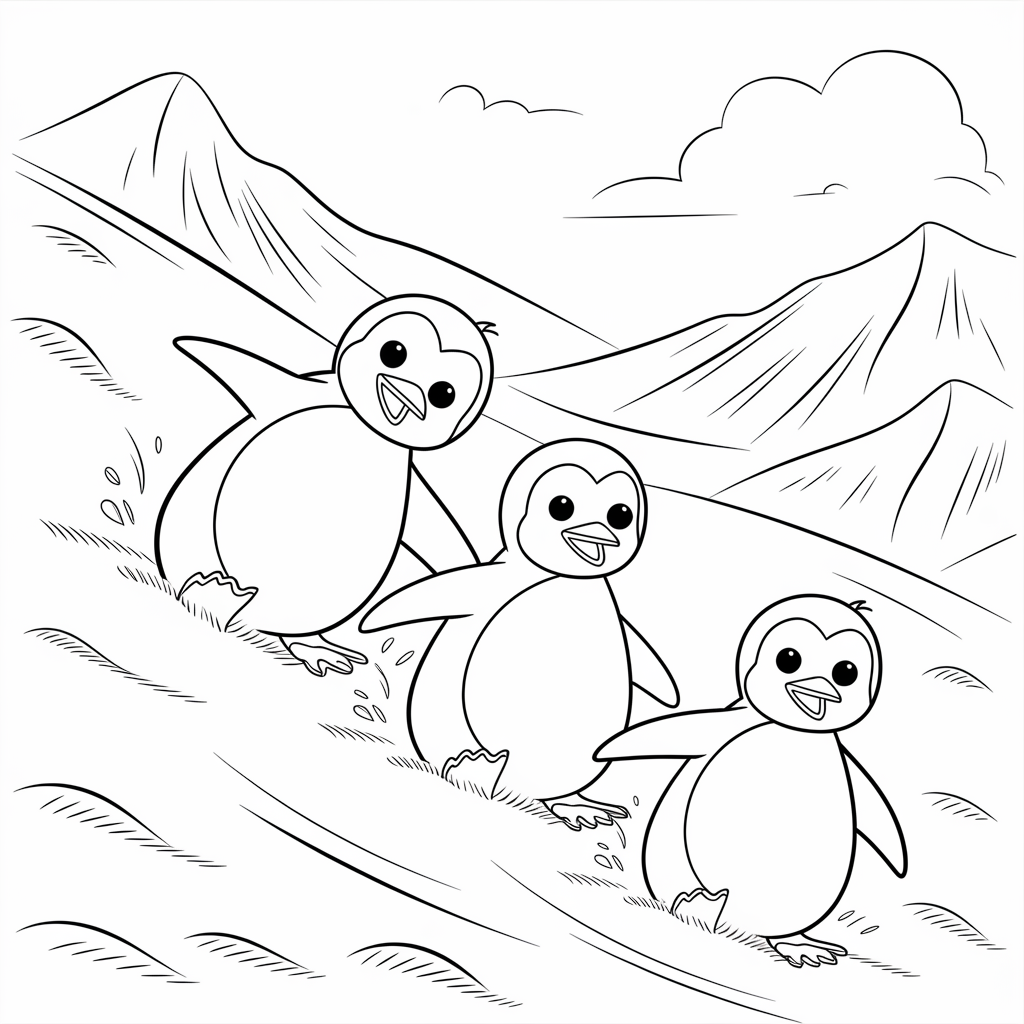 Penguins Sliding on Snow 