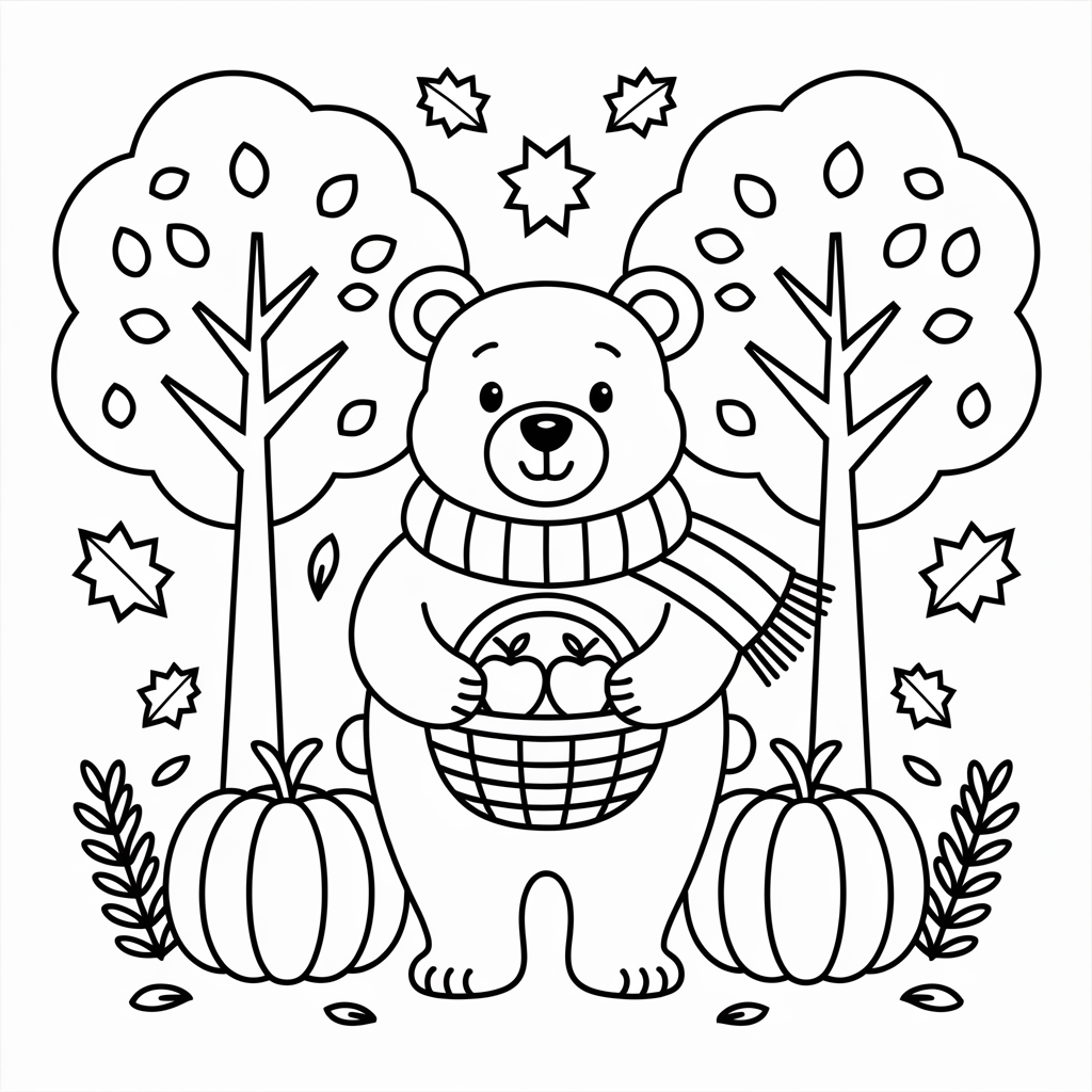 Friendly Bear with Scarf and Apples