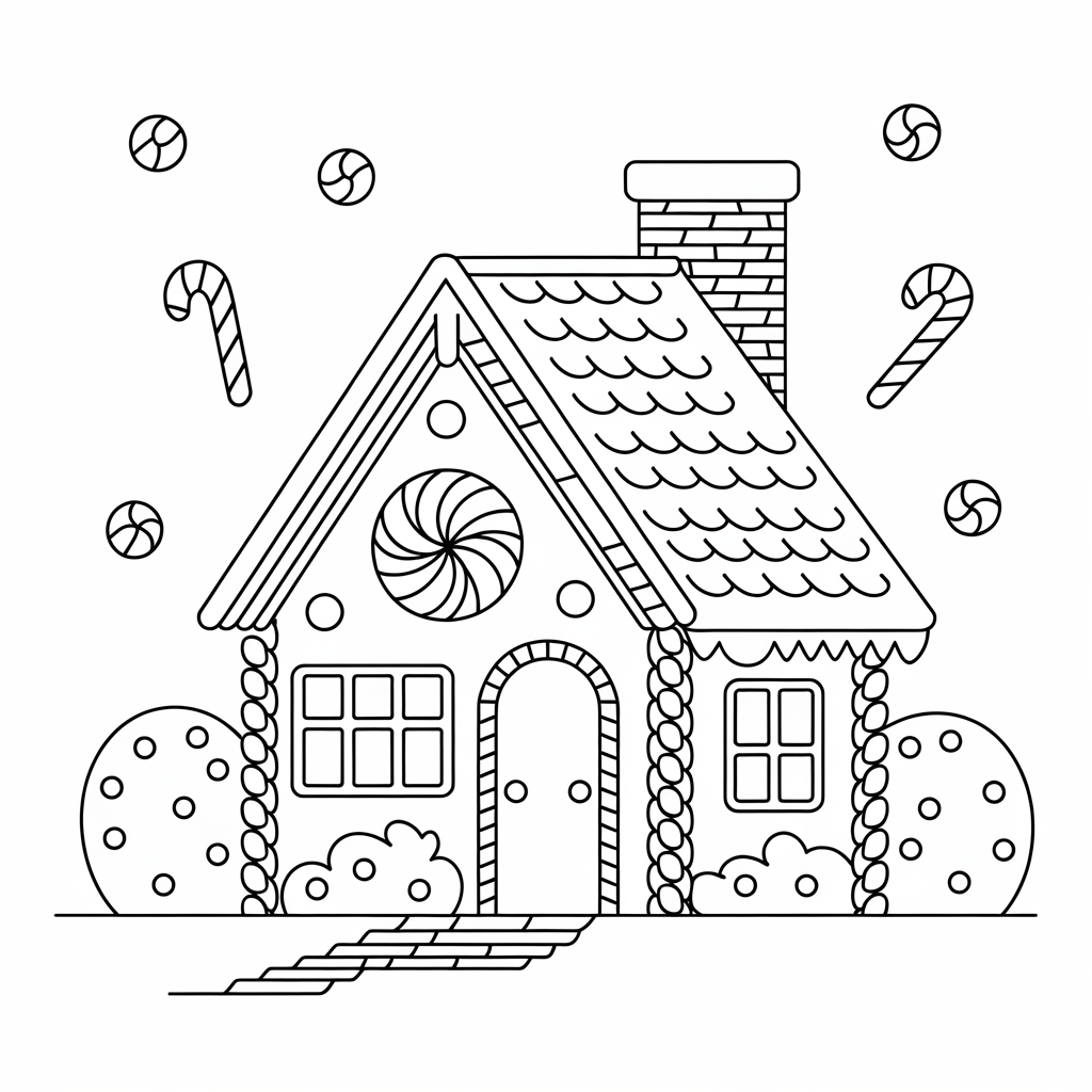 Christmas Gingerbread House Coloring Pages with Candy Canes