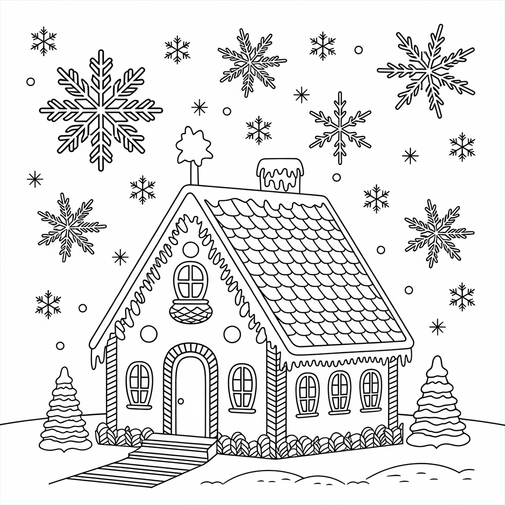 Christmas Gingerbread House Coloring Pages with Snowflakes and Candy Decorations