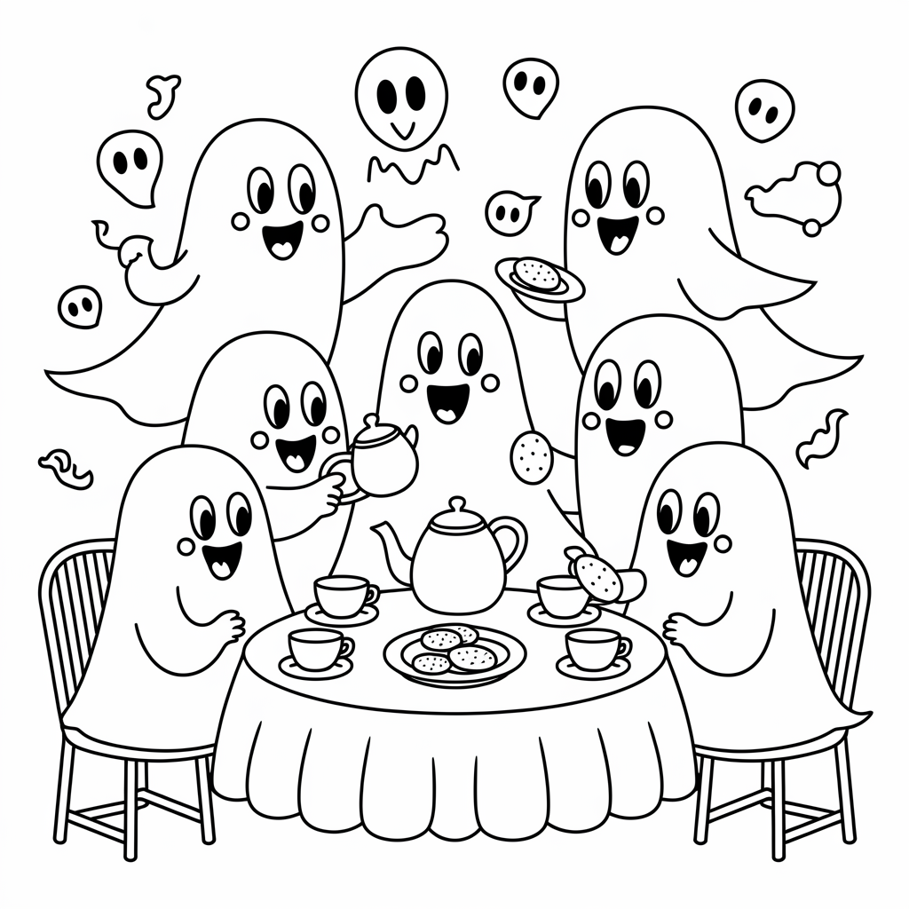 Friendly Ghost Tea Party Coloring Page