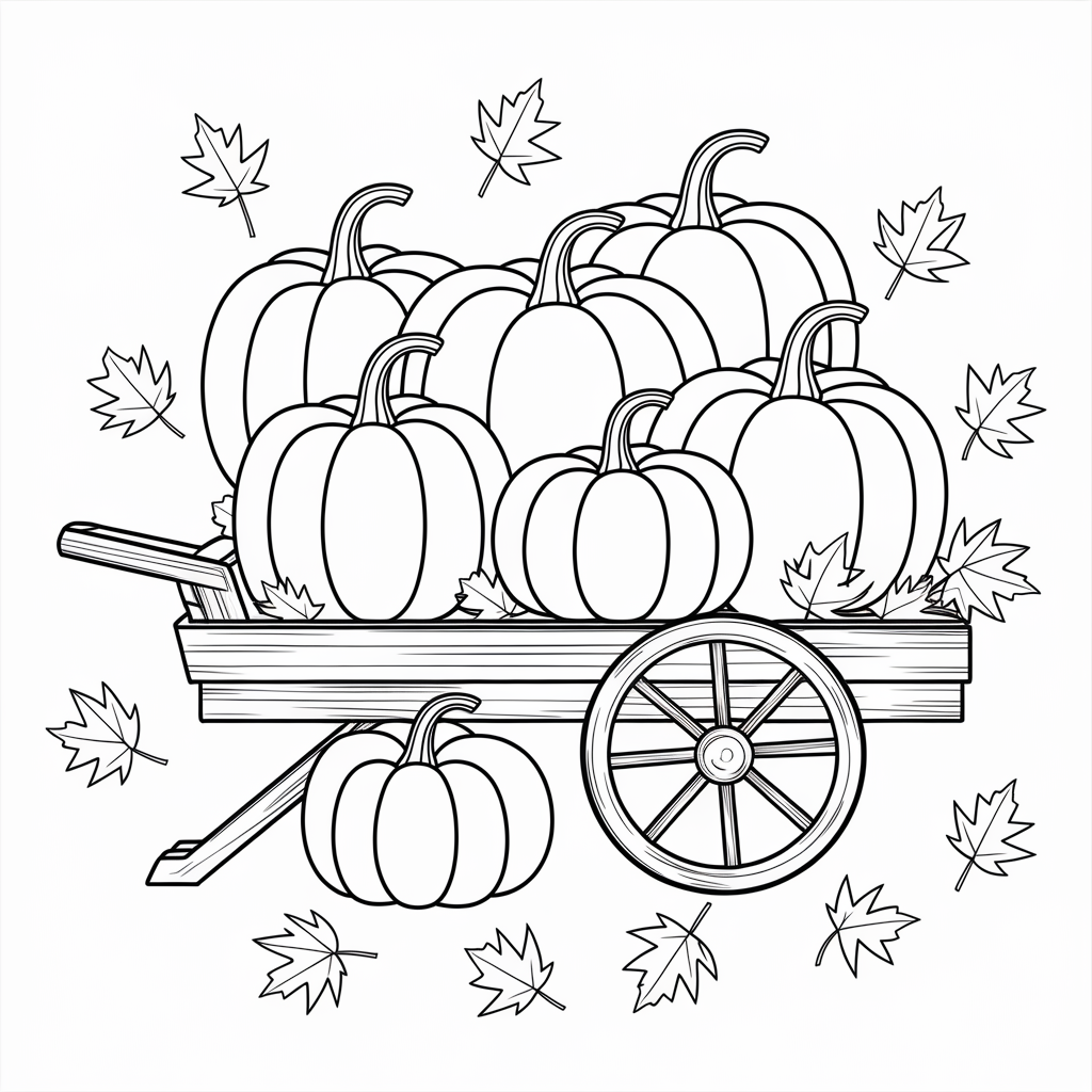 Wooden Cart with Pumpkins and Leaves 