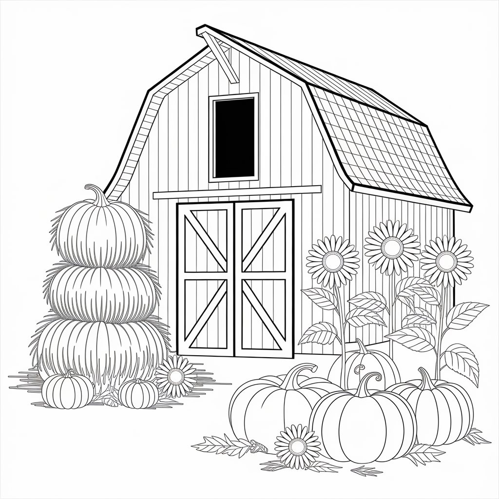 Harvest Barn with Pumpkins and Sunflowers 