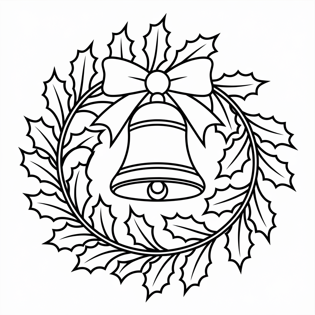 Holiday Wreath with Christmas Bell Coloring Pages for Kids