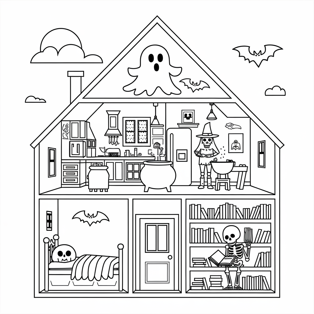 Cross-Section Haunted House Coloring Page