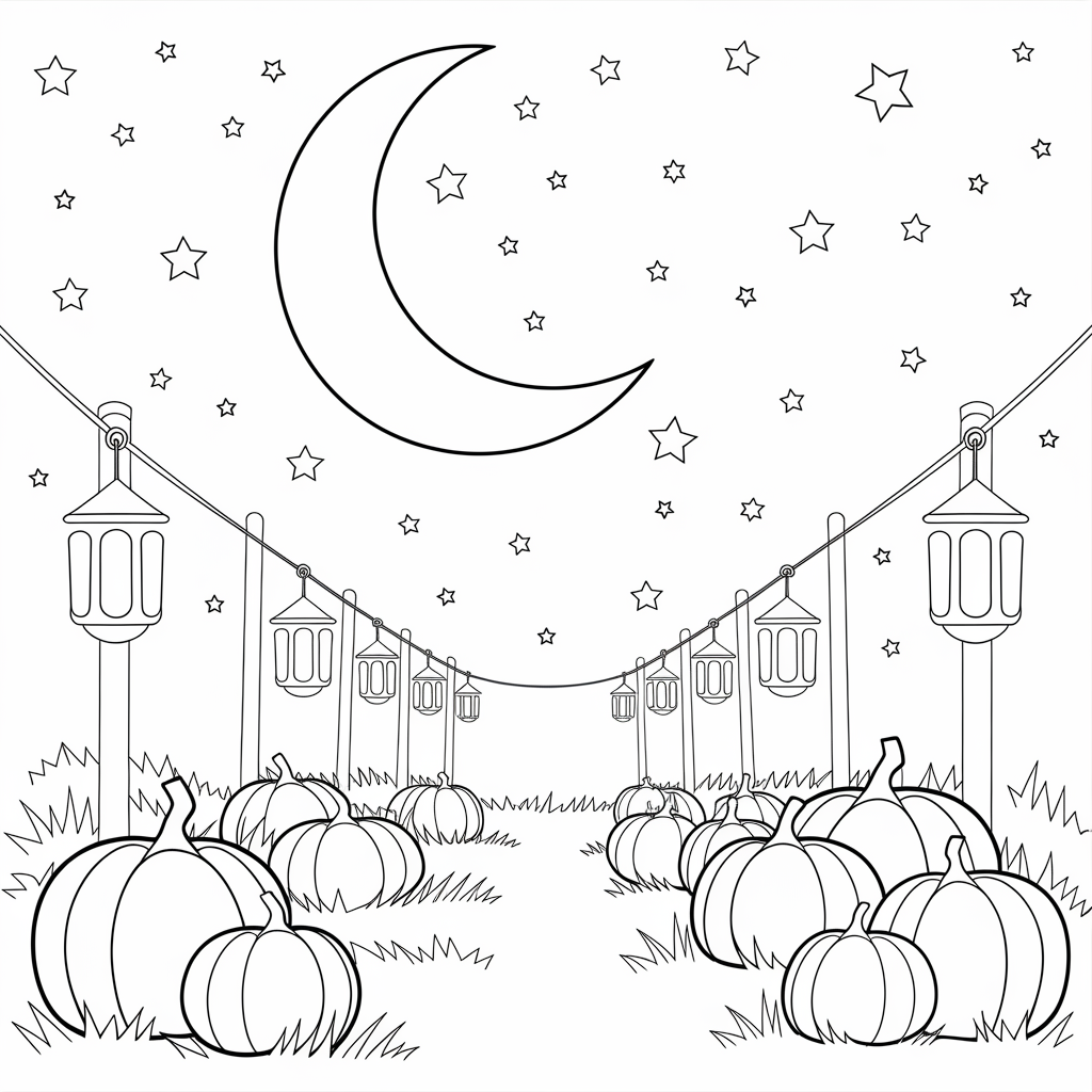 Nighttime Pumpkin Patch Coloring Pages with Moon and Stars
