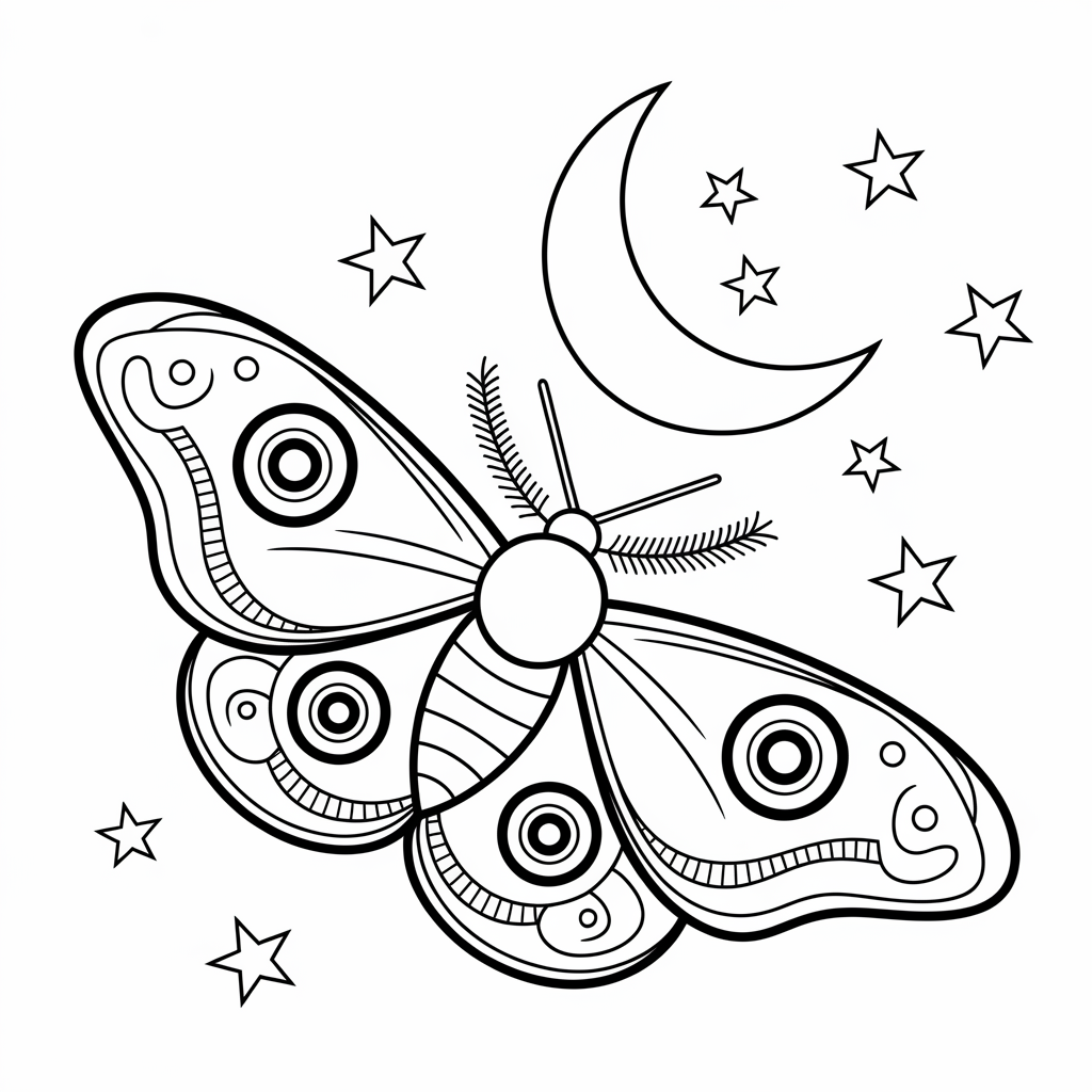 Moth Coloring Pages with Moon and Stars 