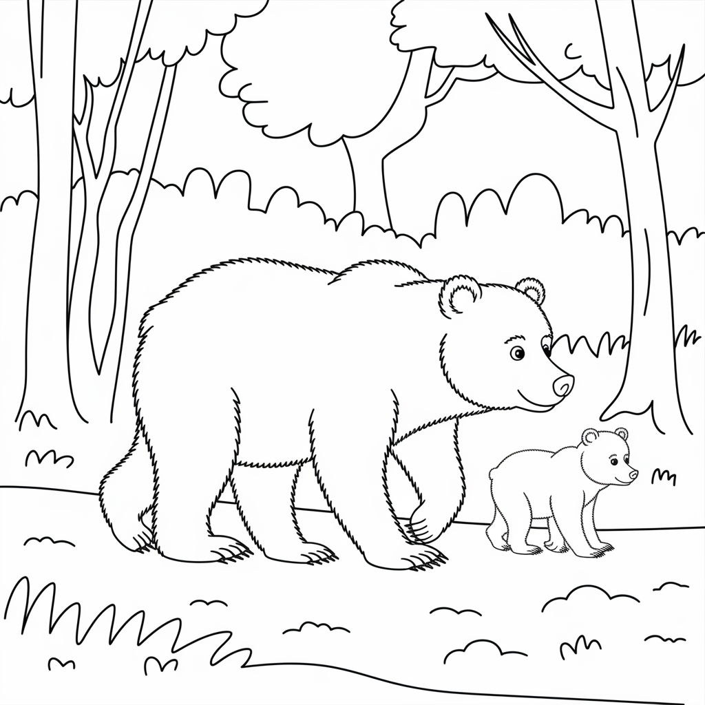Mama Bear with Cubs Coloring Page 
