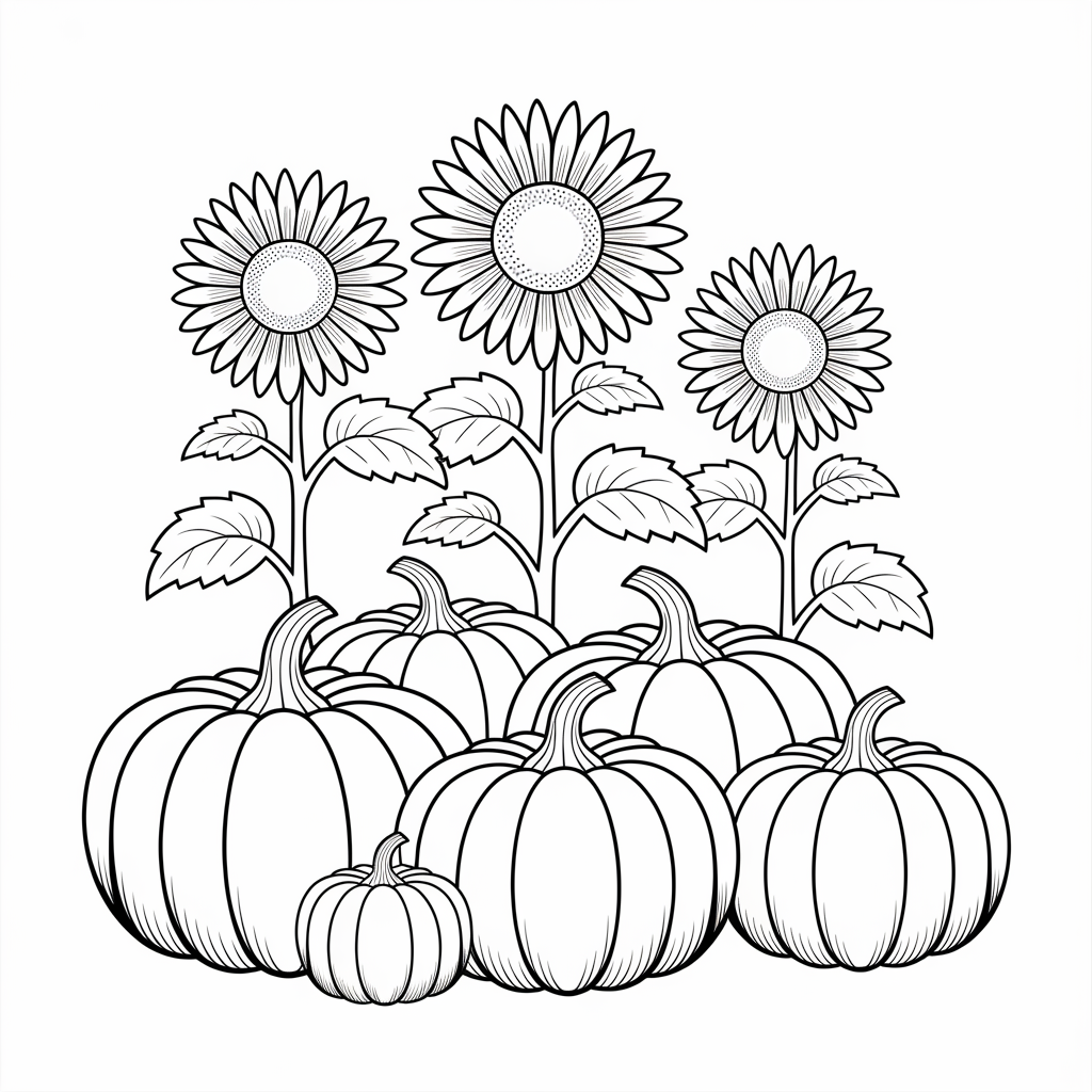 Sunflowers and Pumpkins in the Patch Coloring Pages