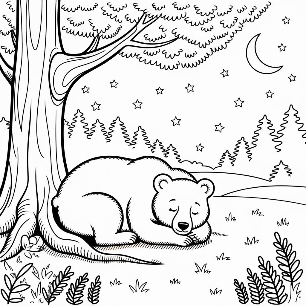 Peaceful Sleeping Bear Under Tree Coloring Sheet 