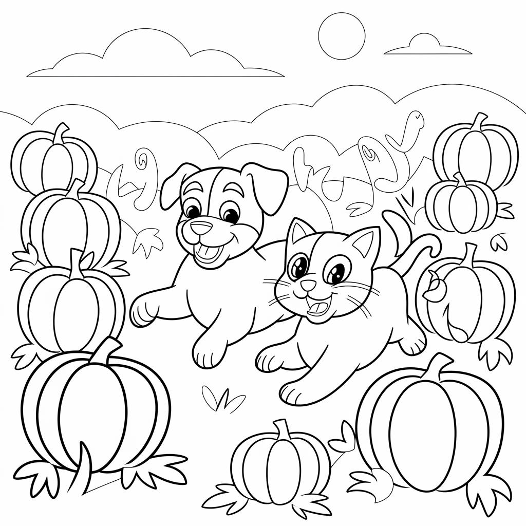 Cute Dog and Cat in Pumpkin Patch Coloring Pages Printable