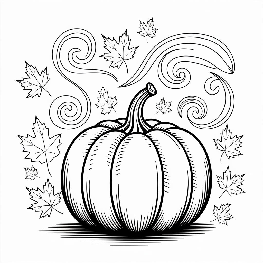 Pumpkin with Swirling Wind and Autumn Leaves