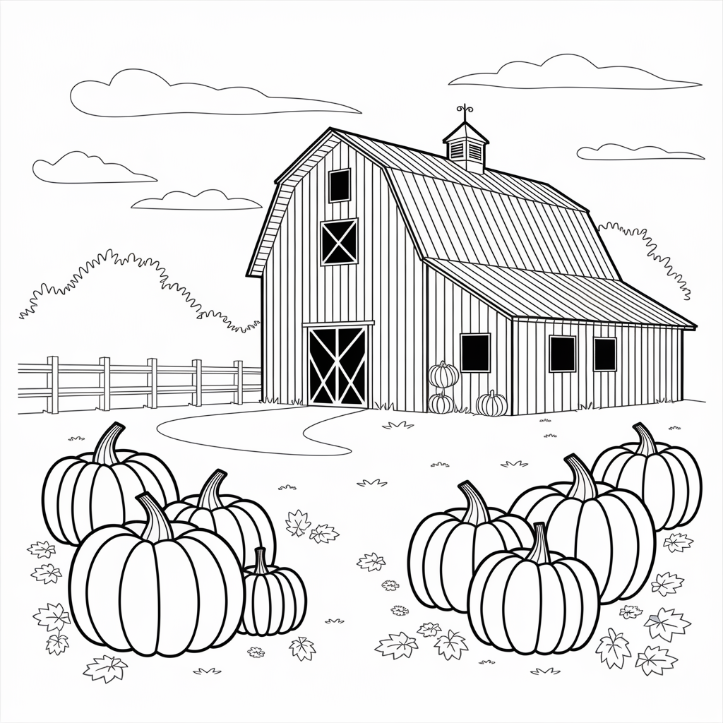 Rustic Barn and Pumpkin Patch Coloring Pages Free Download