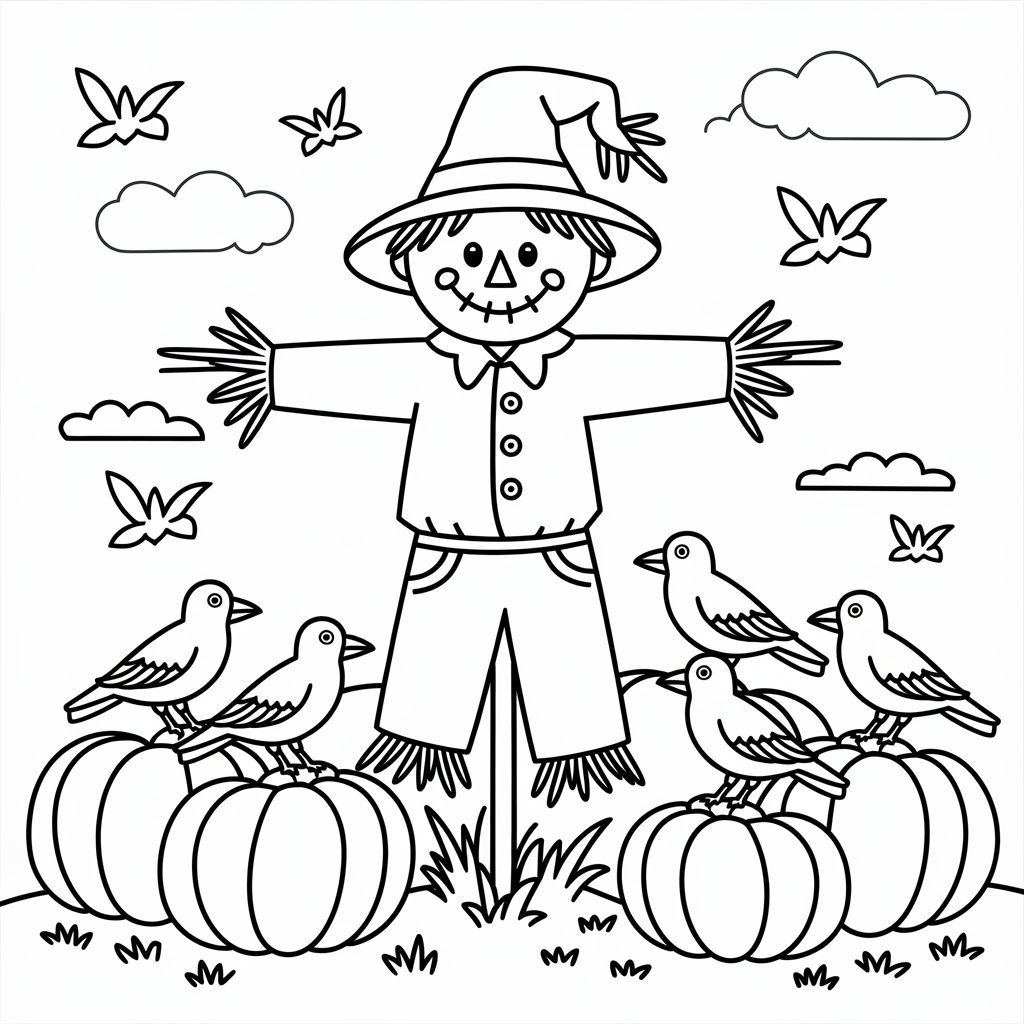 Scarecrow in Pumpkin Patch with Crows