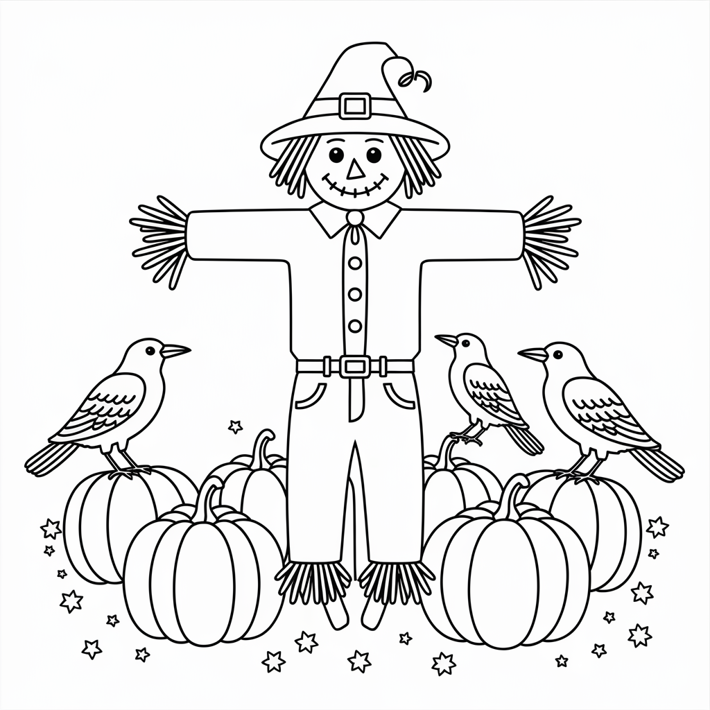 Cute Scarecrow in Pumpkin Patch Coloring Pages for Fall Fun
