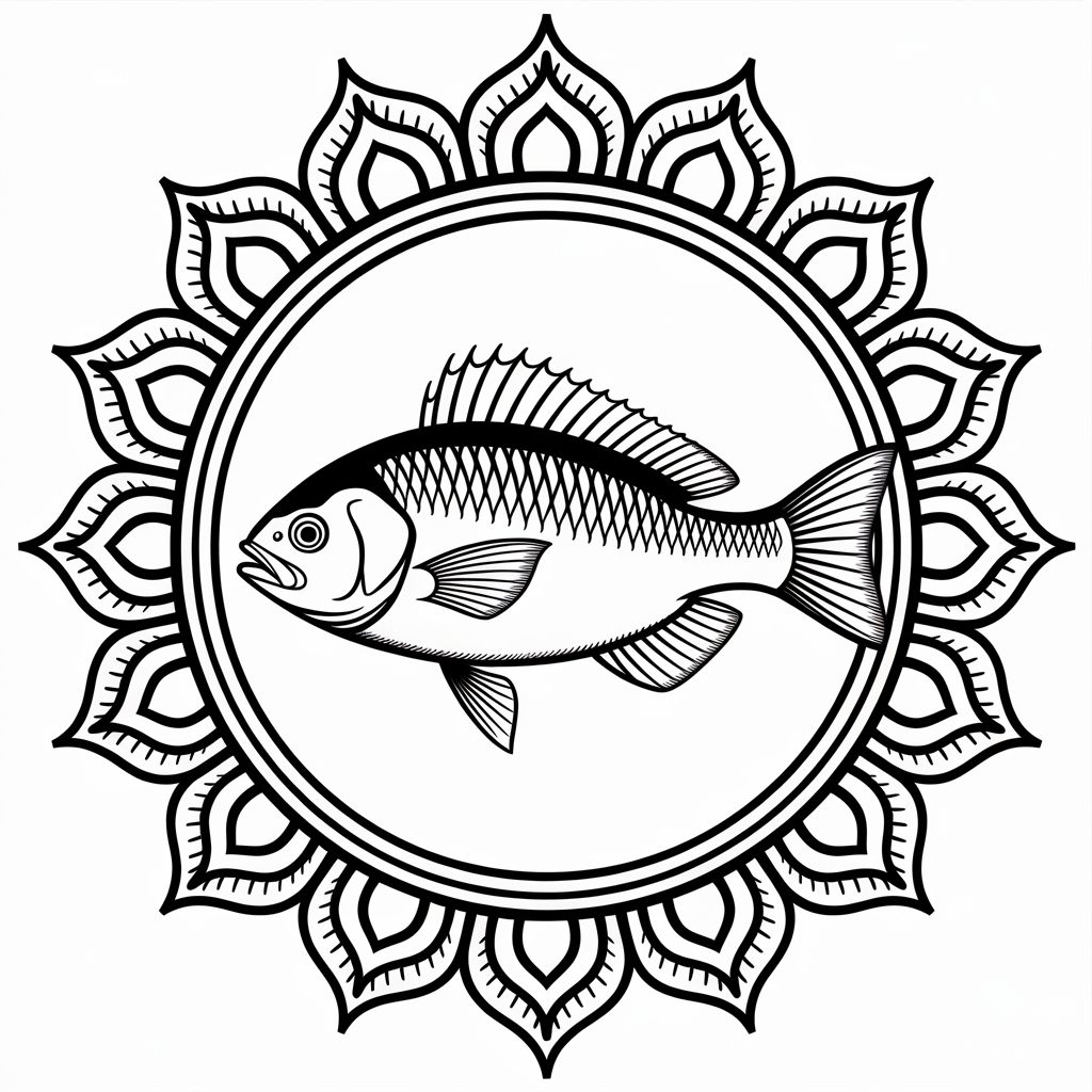 Rainbow Fish in Mandala Circle Coloring Page 