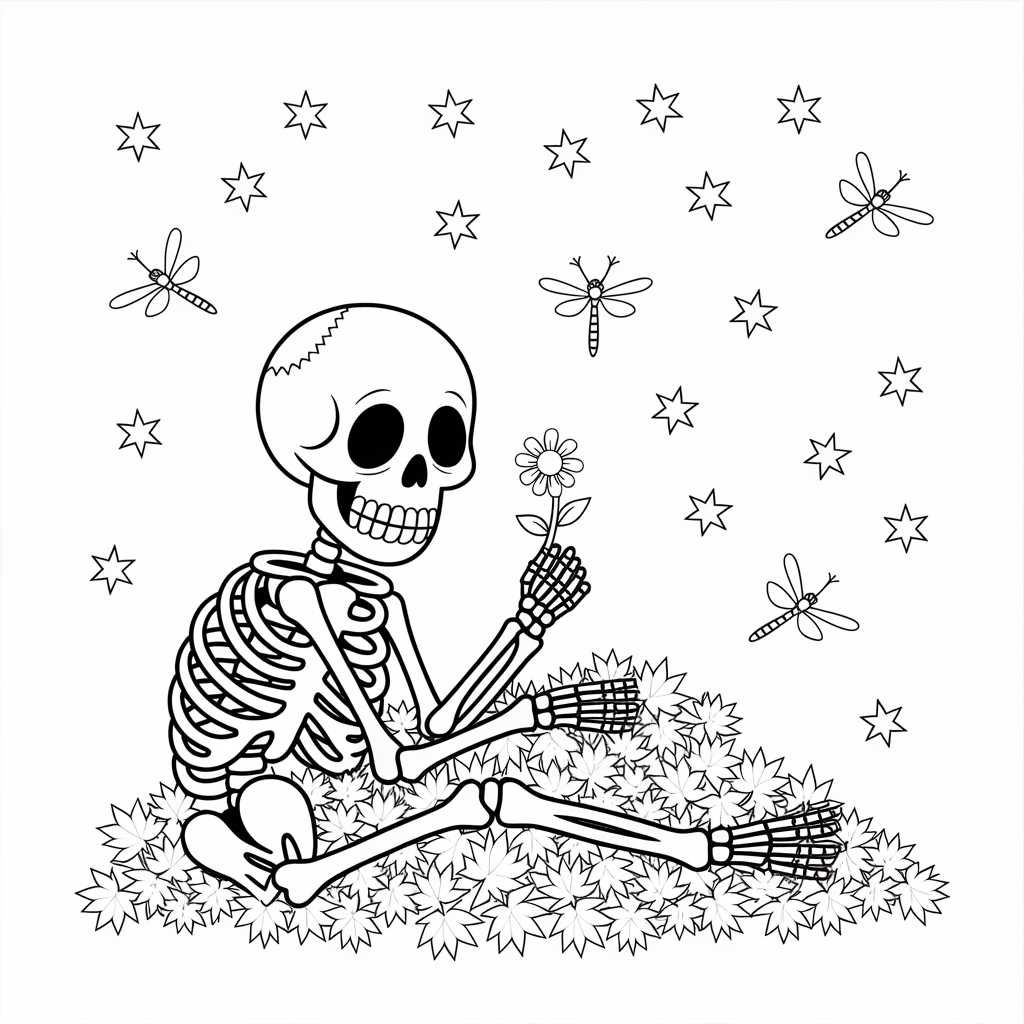Skeleton Resting in Leaves Coloring Page