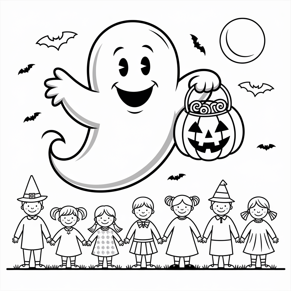 Cute Casper Trick-or-Treat Halloween Coloring Pages for Children