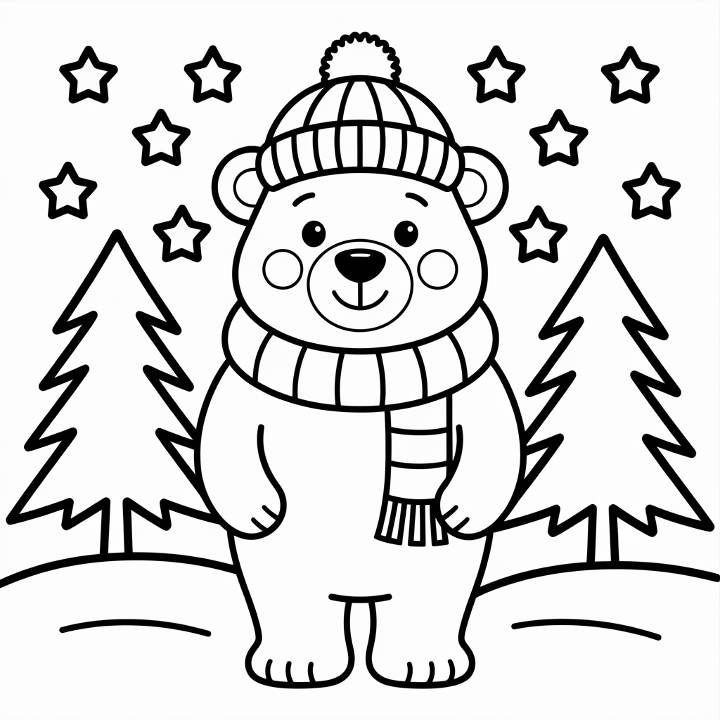 Easy Polar Bear Christmas Coloring Pages for Beginners
