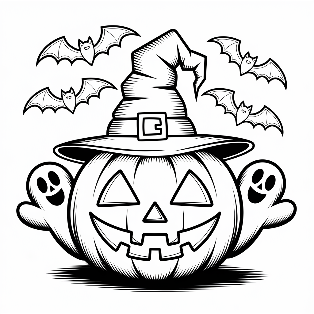 Free Halloween Pumpkin Coloring Pages with Witches, Bats & Ghosts