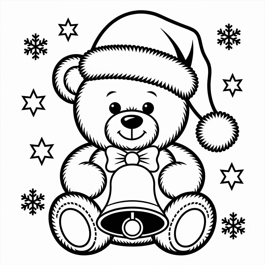 Teddy Bear with Santa Hat and Bell Coloring Pages for Kids