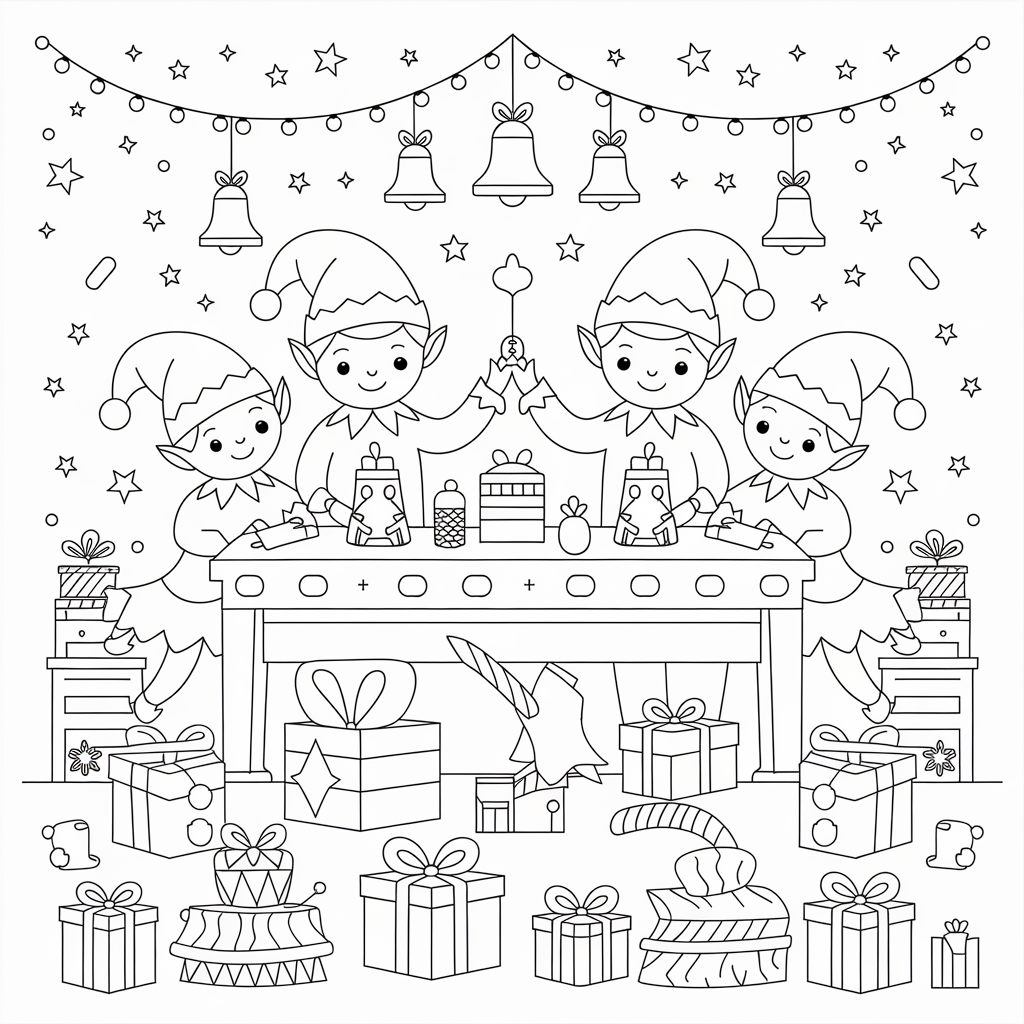 Elf Workshop with Christmas Bells Coloring Pages for Kids