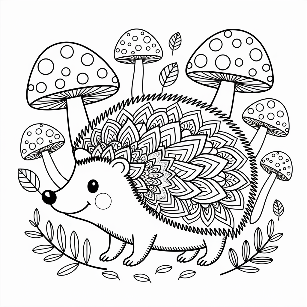 Whimsical Hedgehog with Mushrooms and Leaves 