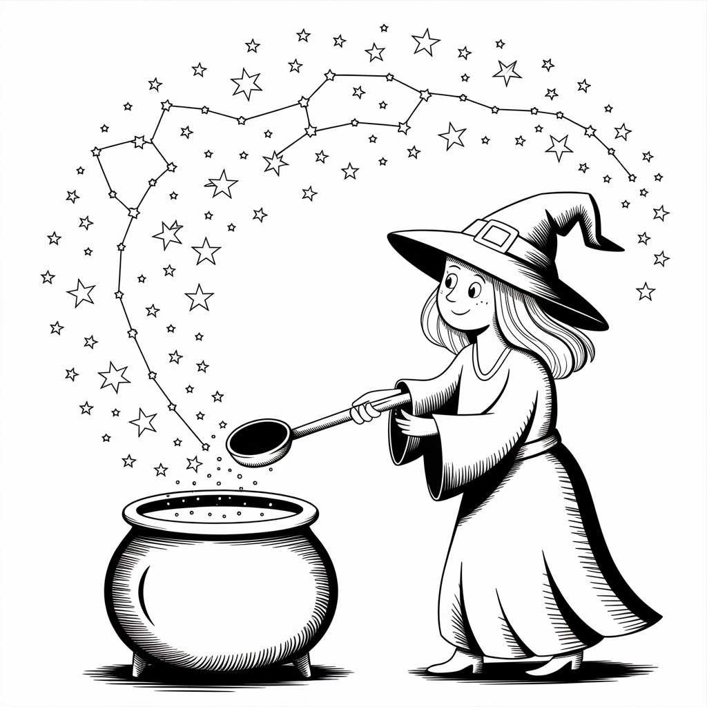 Witch Pouring Stars from Cauldron 